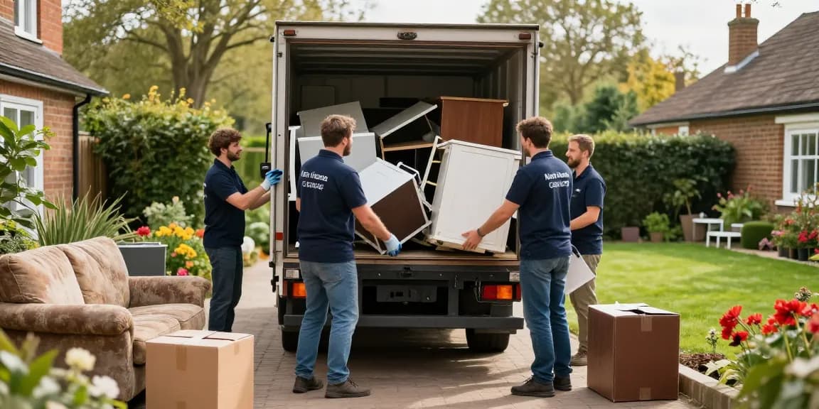House clearance London service team efficiently removing furniture and waste from a tidy garden.
