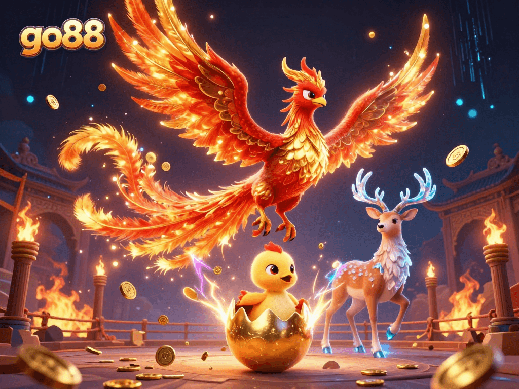 Engage with go88's vibrant casino world featuring a phoenix, gold coins, and gaming elements!