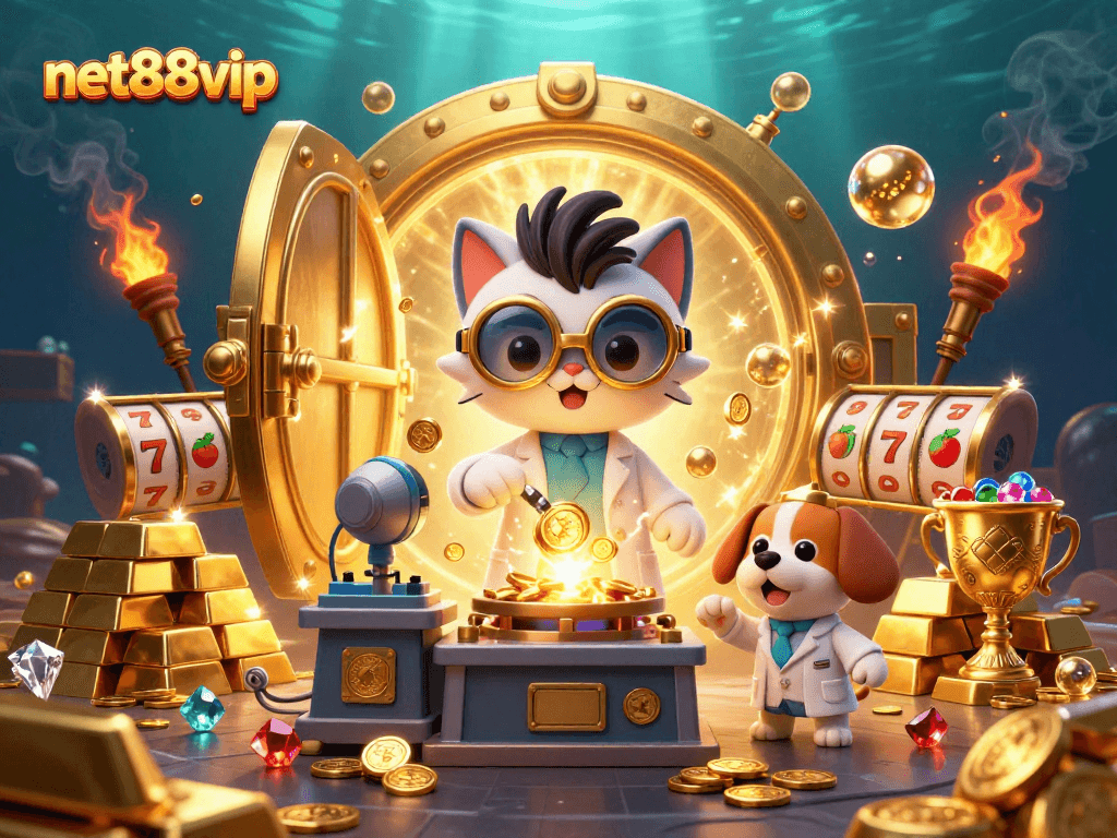 Engage with thrilling gaming adventures at net88vip with vibrant 3D casino illustration showcasing cartoon characters and rich gold elements.