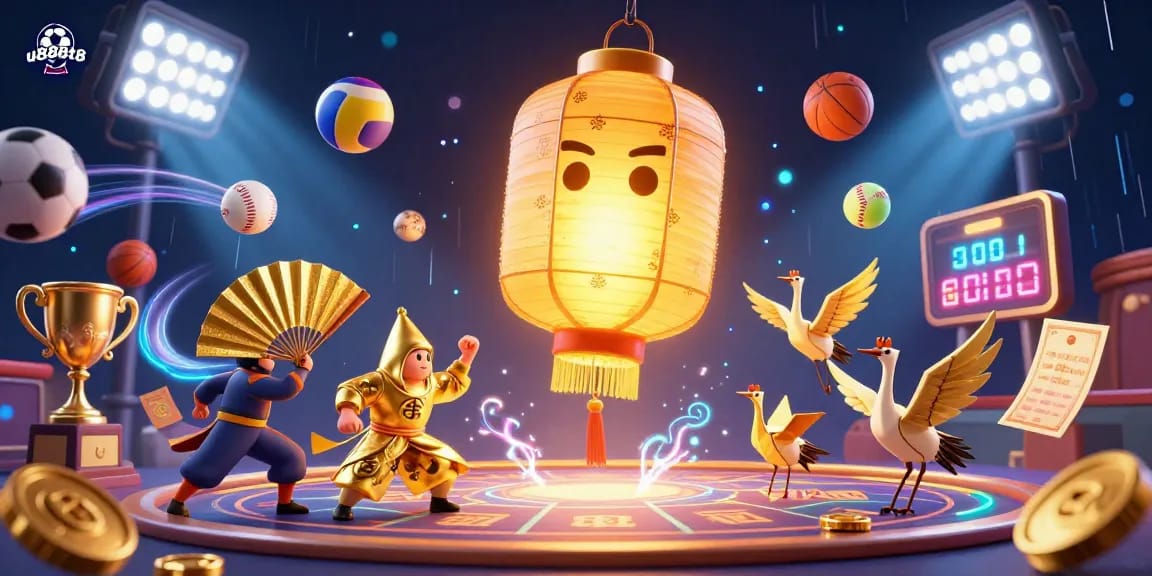 Bet on u888t8 with a vibrant 3D illustration featuring a golden lantern spirit and dynamic sports elements in a casino setting.