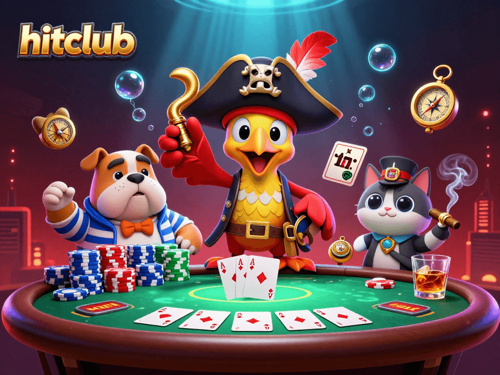 Engage with hitclub's thrilling poker scene featuring a pirate captain parrot giving orders at a vibrant poker table.