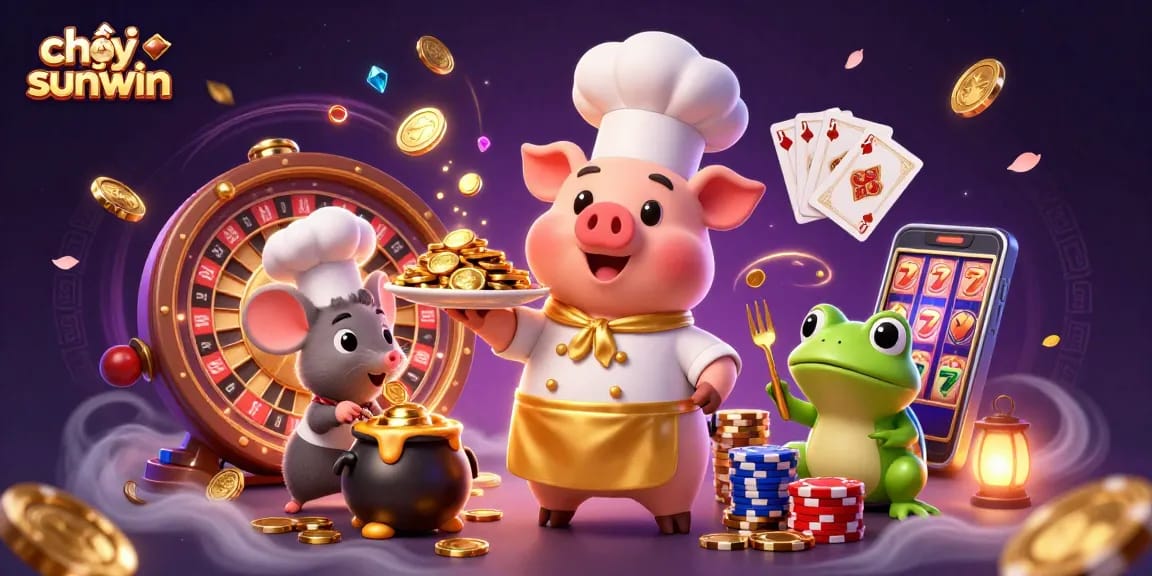 Chơi sunwin with a cartoon chef pig serving gold coins amidst colorful casino elements in an energetic scene.