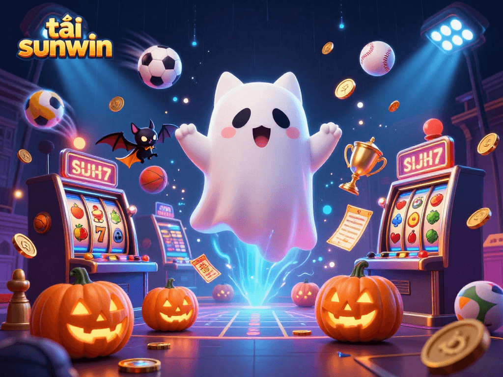 Experience thrilling gameplay with tải sunwin, featuring a ghost cat in a haunted casino surrounded by vibrant characters.