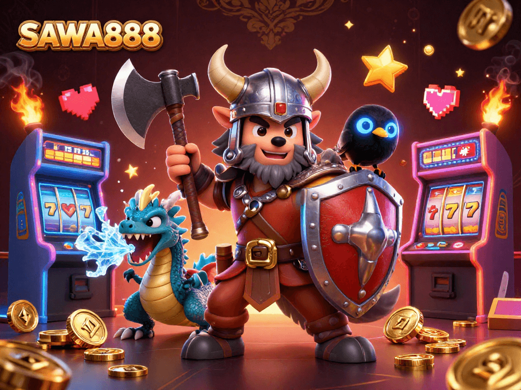 Experience thrilling gaming with SAWA888, featuring a Viking wolf warrior, dragon, and arcade elements.