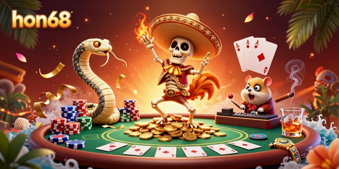 Celebrate wins at hon68 with a lively 3D casino scene filled with vibrant characters and poker excitement.