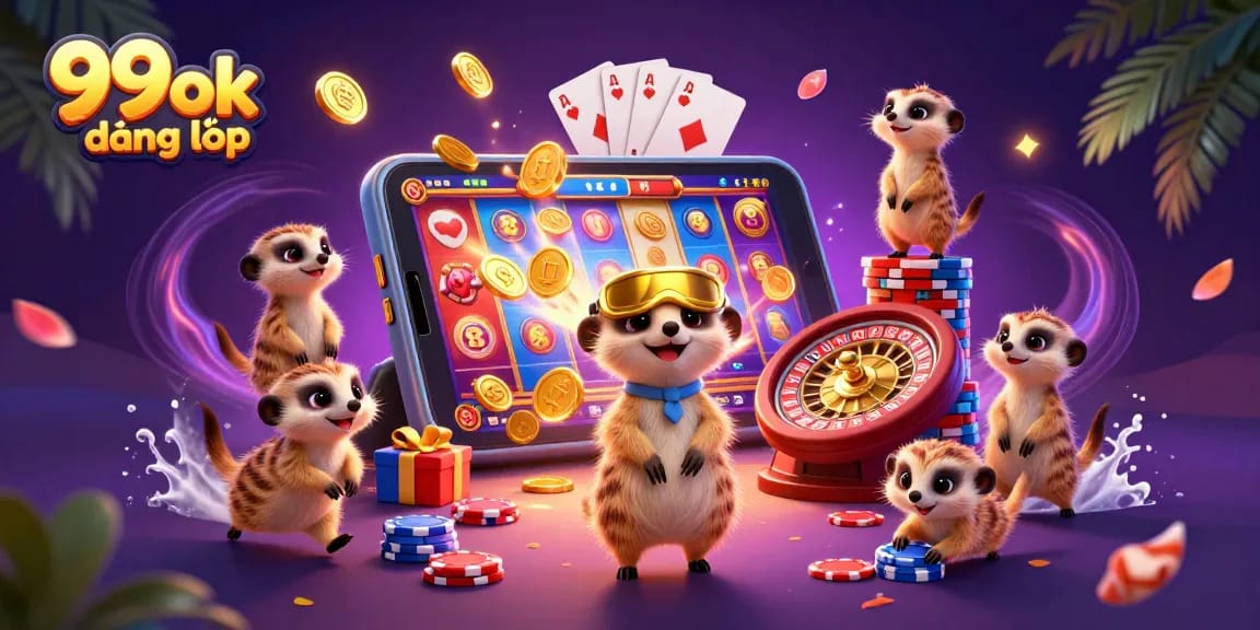 Experience the thrilling action of 99ok đăng nhập with vibrant meerkats running a casino in this colorful illustration.