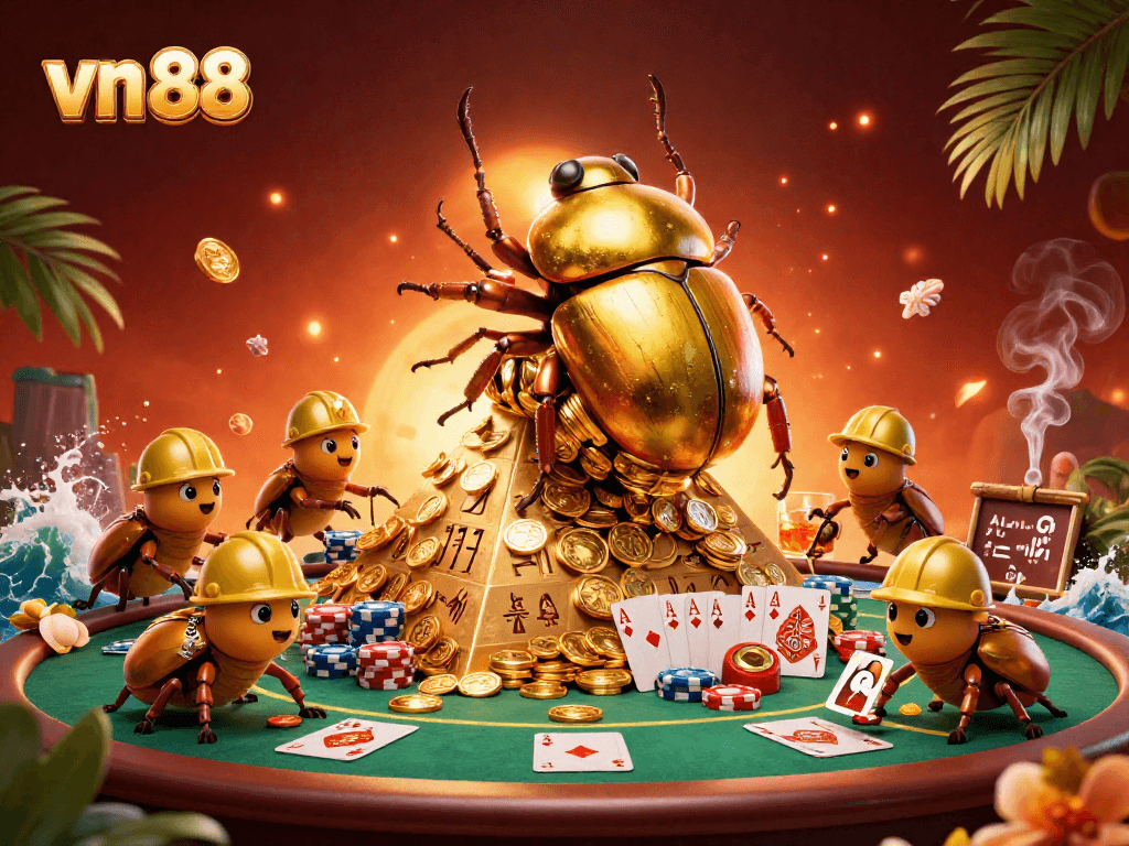 Experience thrilling gameplay with vn 88's treasure-filled pyramid scene, featuring golden beetles and poker elements.