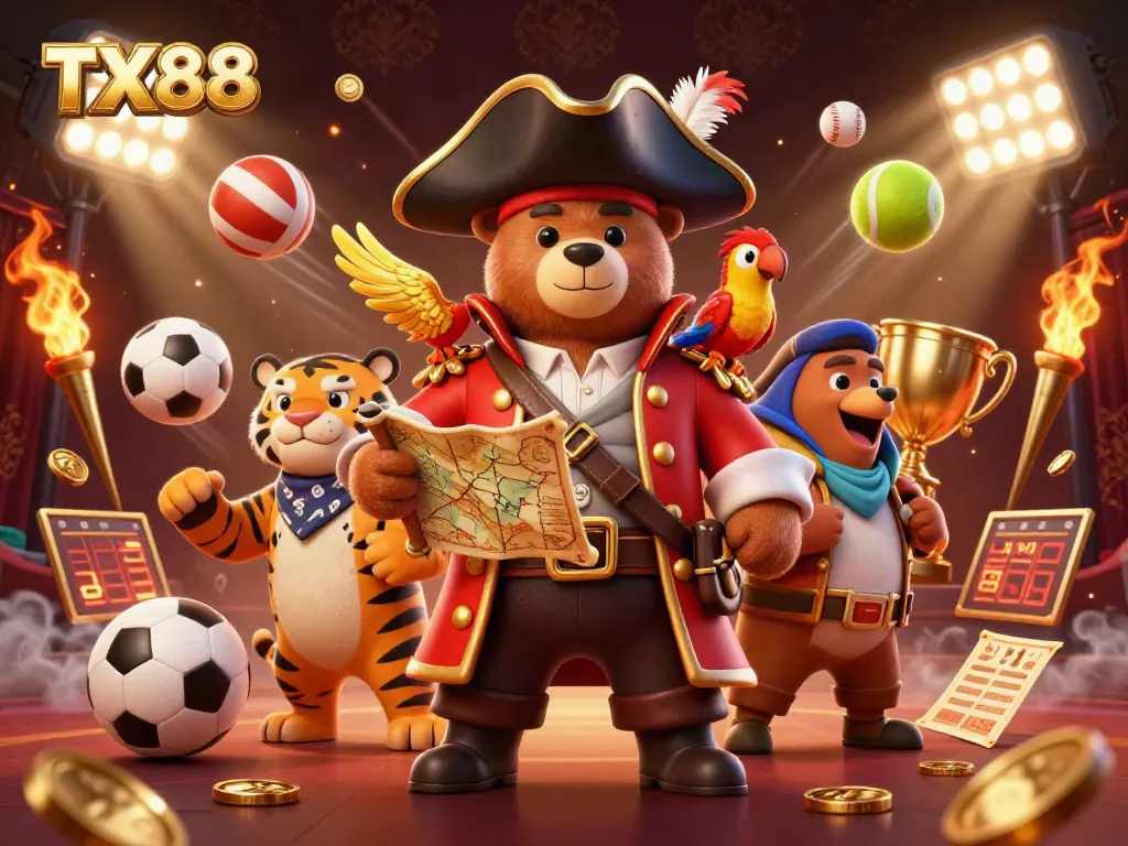 Experience the excitement of TX88 with a vibrant casino atmosphere featuring sports balls and dynamic characters.