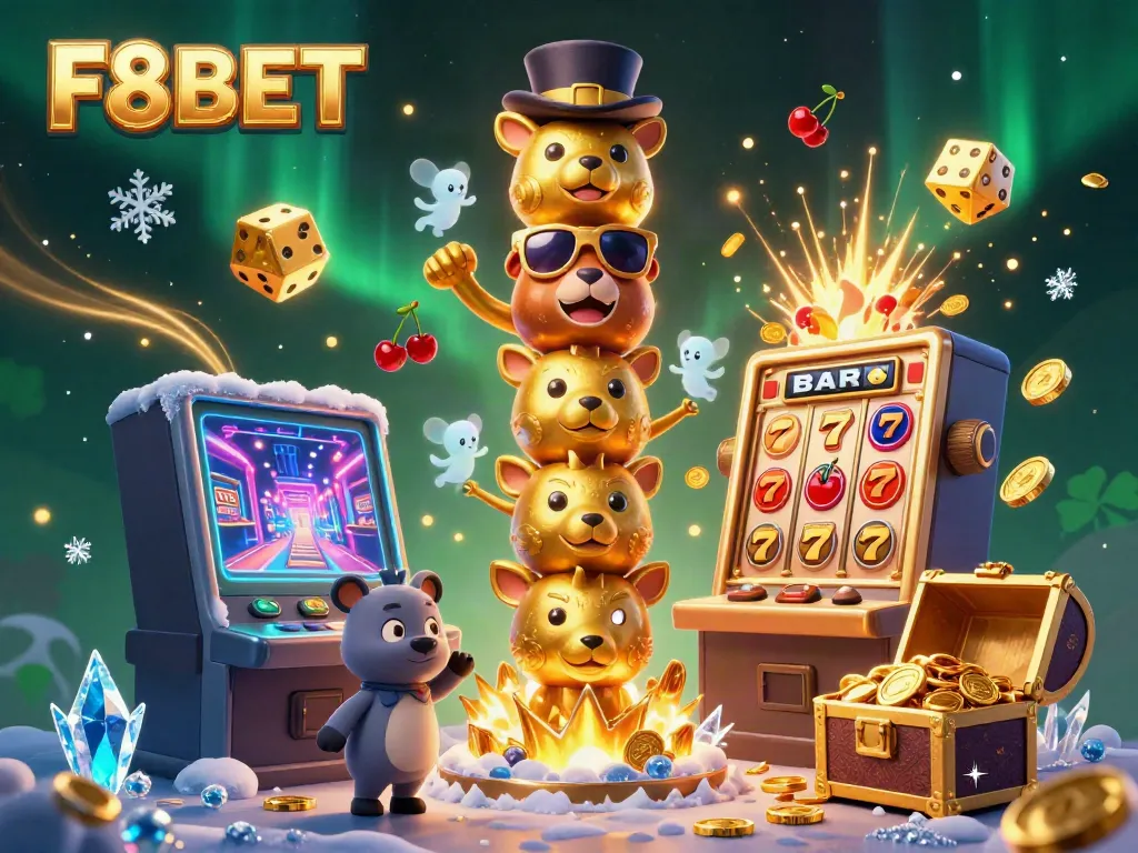 Experience the vibrant energy of F8BET with a dynamic illustration of a casino scene featuring a totem pole and a bursting slot machine.