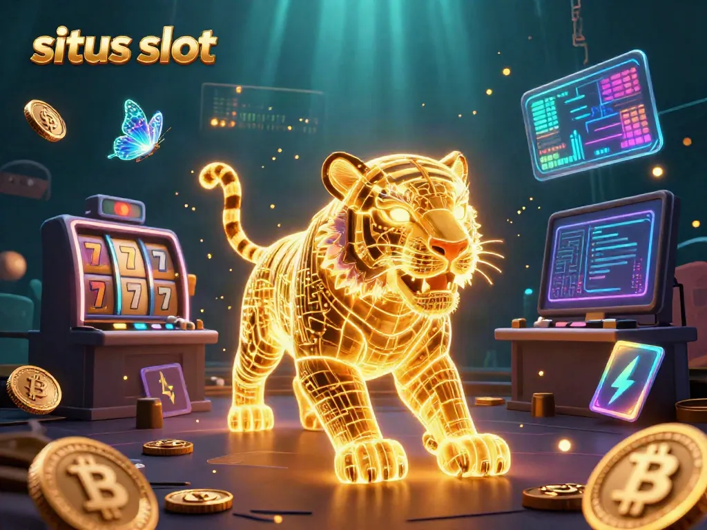Experience situs slot action with a glowing tiger amidst vibrant casino symbols and cryptocurrency elements.