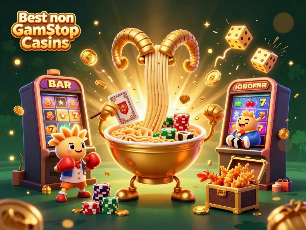 Engage with the Best non Gamstop Casinos featuring a vibrant 3D illustration of a ramen bowl dealing cards amidst casino excitement.