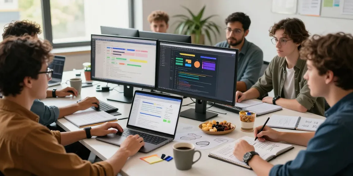 Build internal tools with AI at a collaborative workspace with professionals sharing insights and brainstorming.