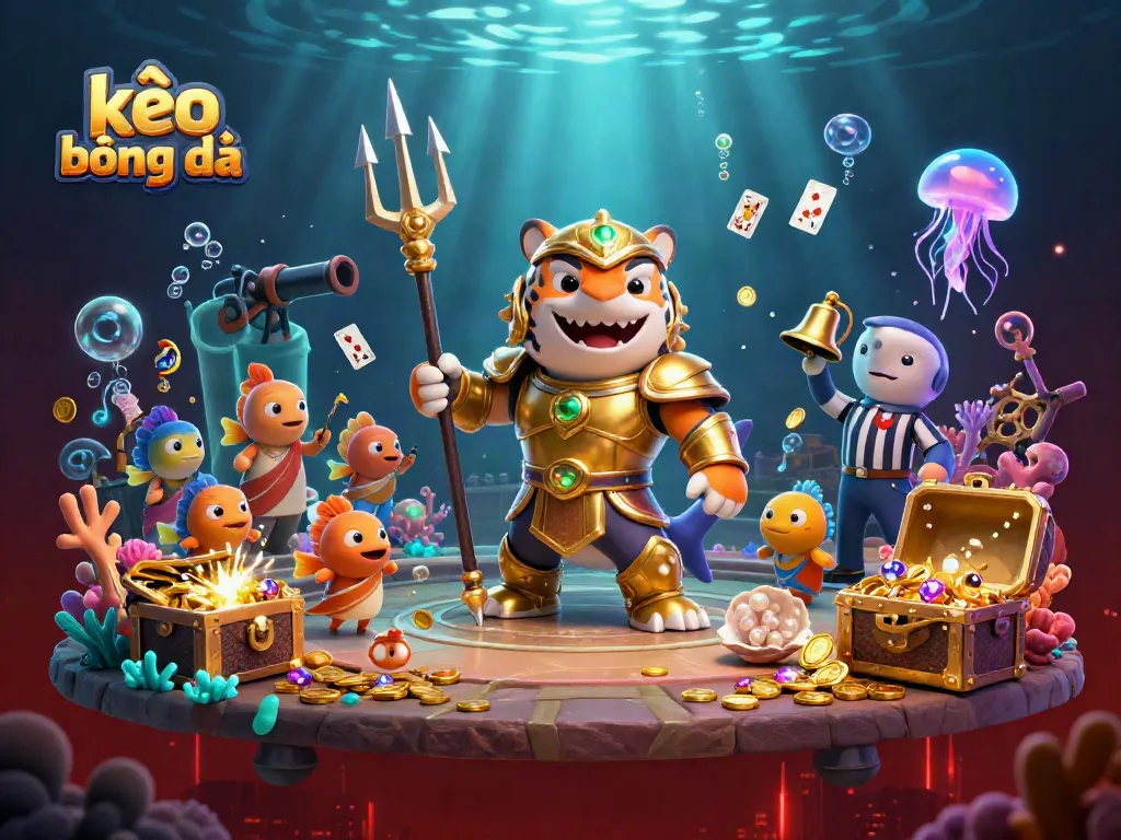 Experience thrilling sports betting with kèo bóng đá illustrated by a fierce shark in gladiator armor amidst cheering fish.