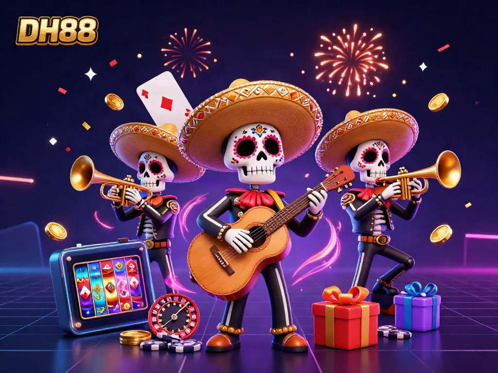 Engage in thrilling fun with DH88's colorful mariachi band amid exciting casino elements, featuring classic games and vibrant energies.