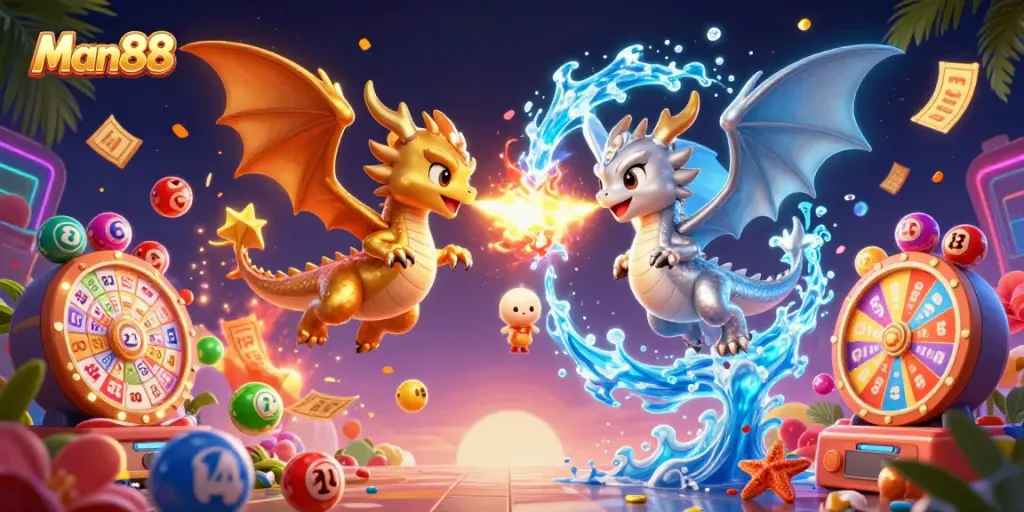 Experience thrilling gameplay with Man88's vibrant 3D casino scene featuring dynamic dragons and exciting lottery elements.