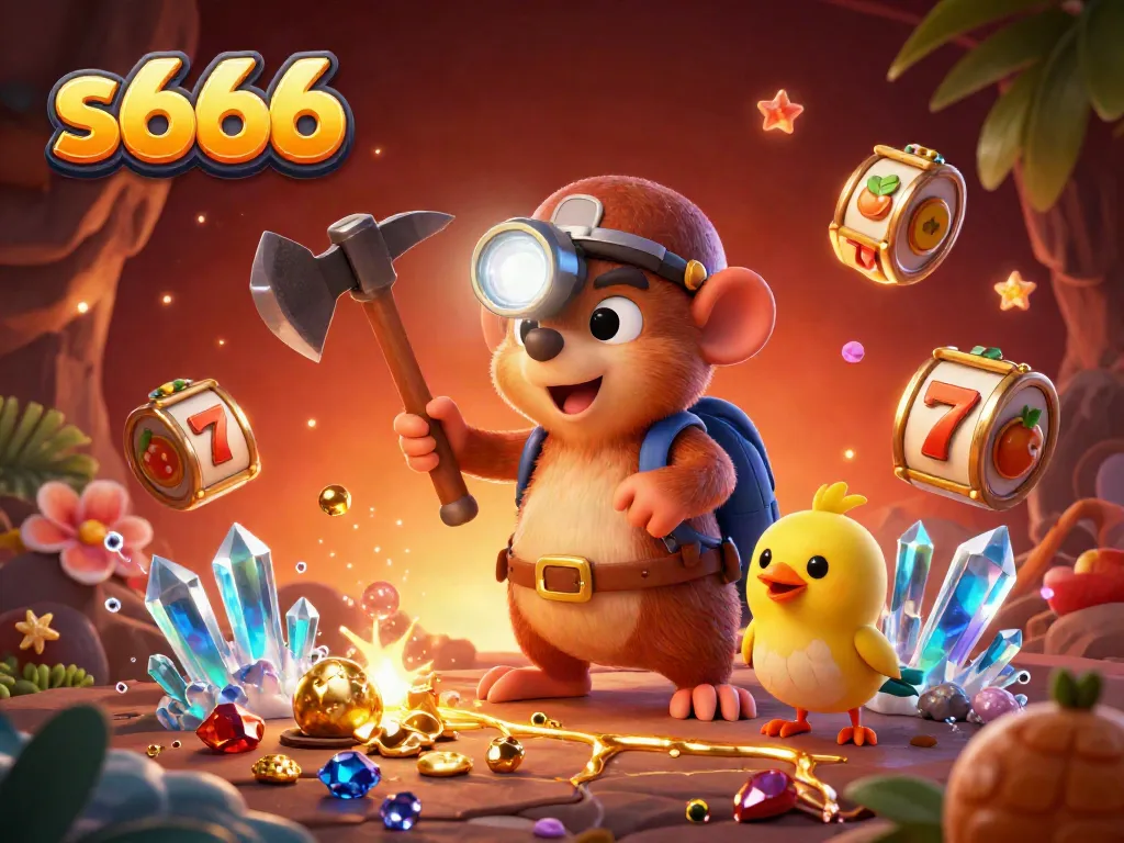 Engage with interactive s666 slots in a vibrant casino scene featuring a treasure hunter mole.