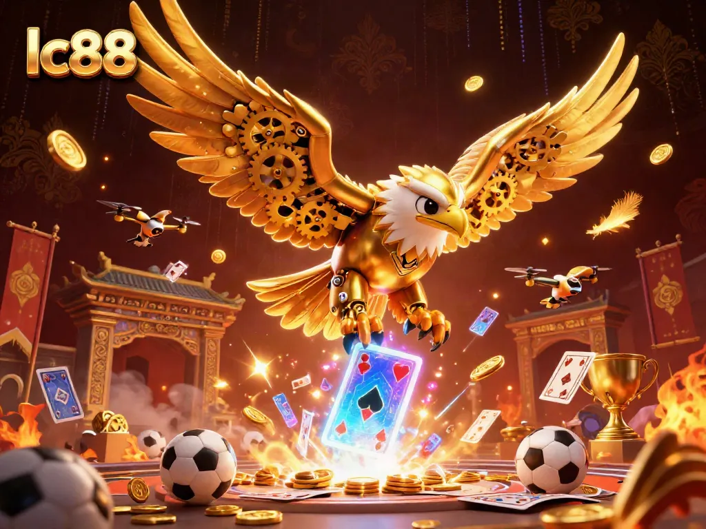 Experience the thrill of lc88 with a cybernetic eagle soaring through a vibrant betting arena, showcasing sports excitement.