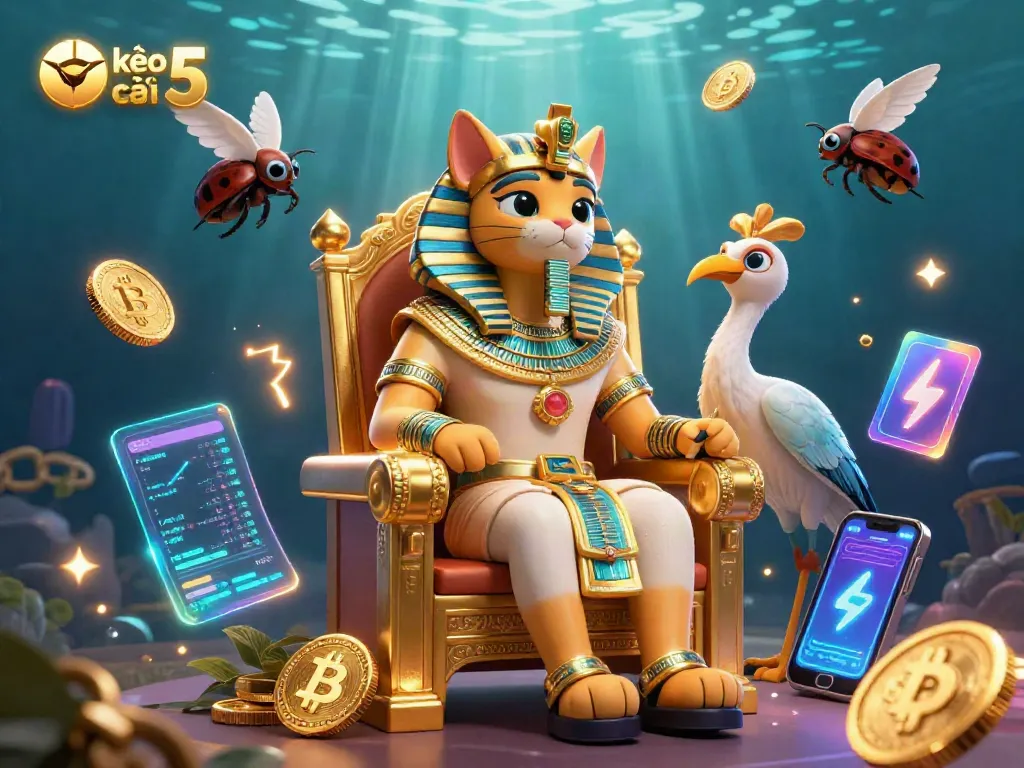 Engage with kèo nhà cái 5 through this vibrant 3D illustration depicting a pharaoh cat surrounded by crypto elements in a dynamic casino scene.