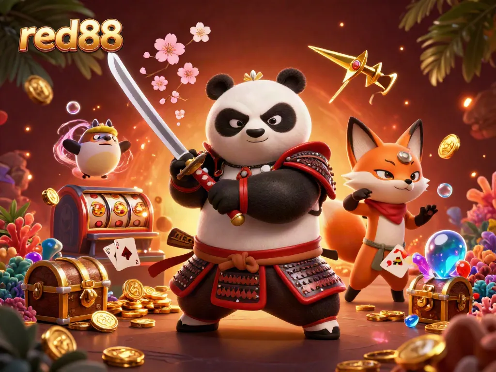 Experience exciting gaming at red88 with a fierce samurai panda and ninja fox surrounded by casino treasures.