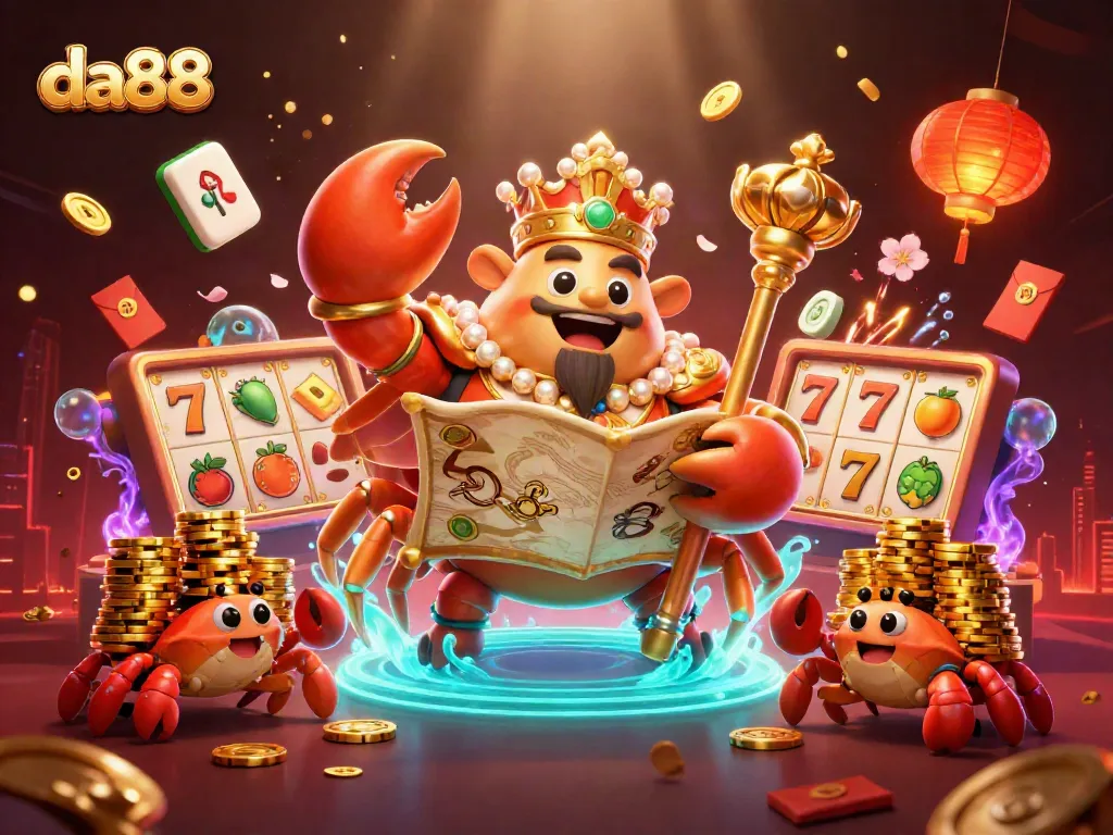 Join the exciting world of da88 where golden crabs and treasures await in a vibrant casino scene.