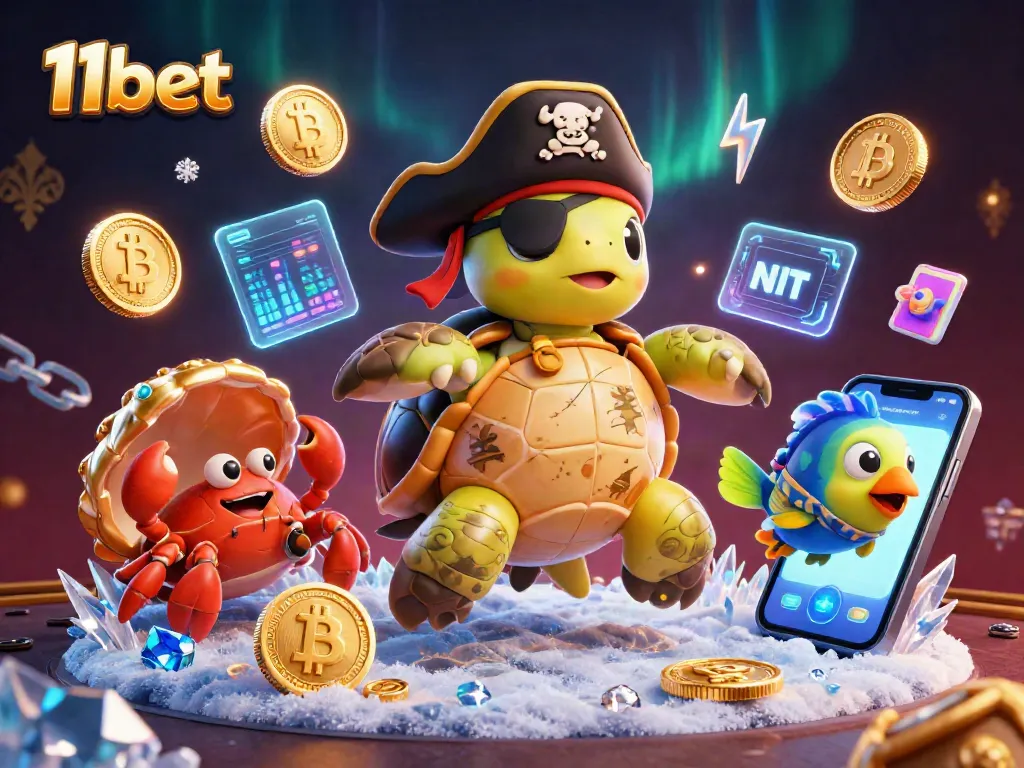 Engage in thrilling gameplay with 11bet's vibrant casino characters amidst glowing digital treasures.