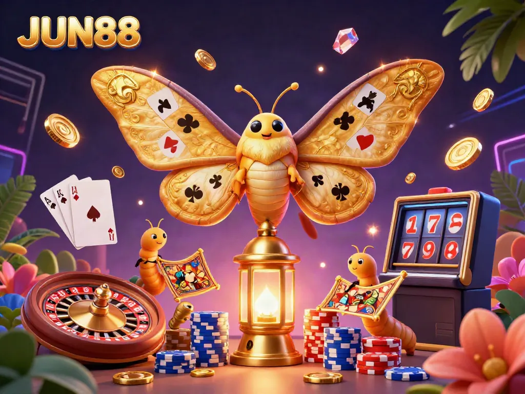 Experience the lavish casino ambiance with JUN88, highlighting 3D moths and games.