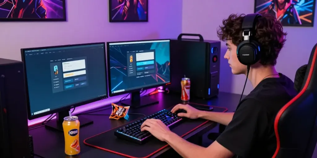 Young gamer using rokok88 login on a vibrant laptop setup with gaming accessories.