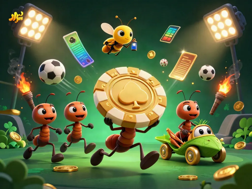 Bet big with JJJPH as ants carry a giant poker chip through a vibrant casino scene.