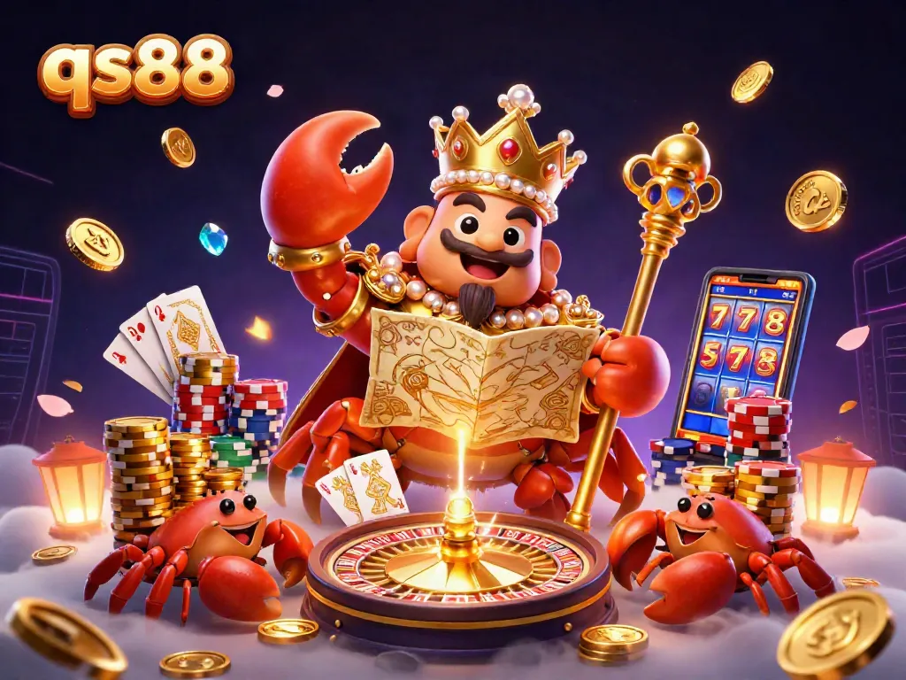 Experience excitement at qs88 with a vibrant illustration showcasing a golden crab and casino elements.