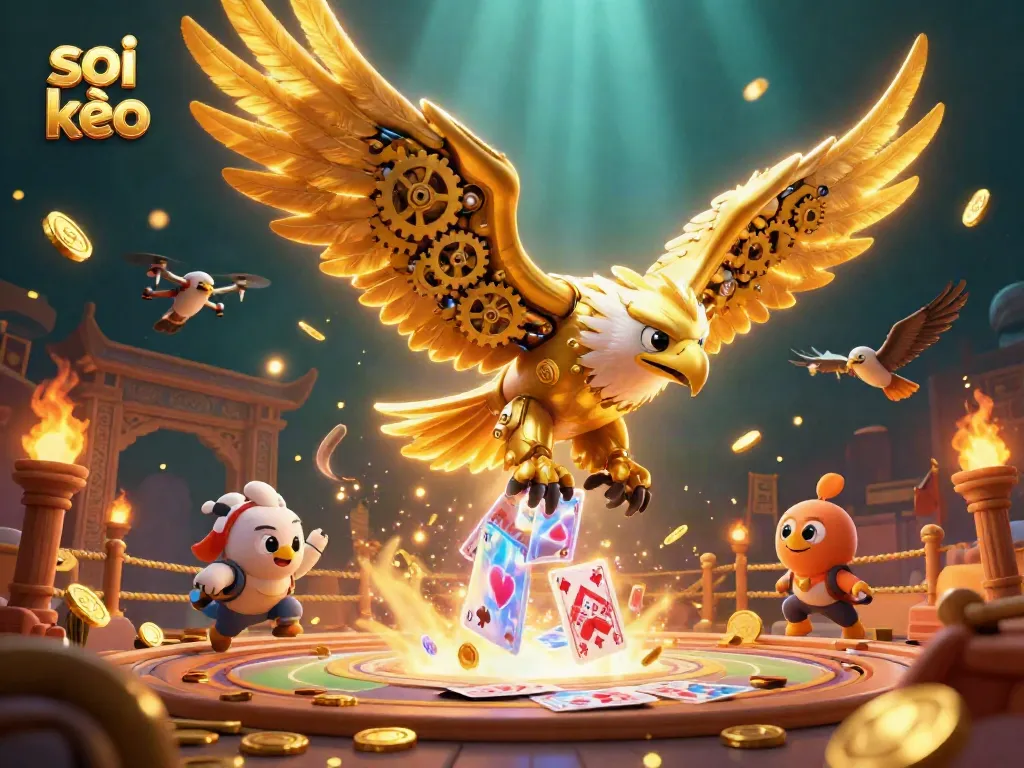 Soi kèo sports betting action with a cybernetic eagle amidst dynamic betting elements and holographic cards.