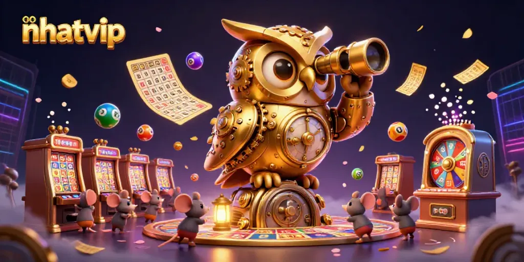 Nhatvip showcases a vibrant casino scene with a dynamic golden owl and animated elements.