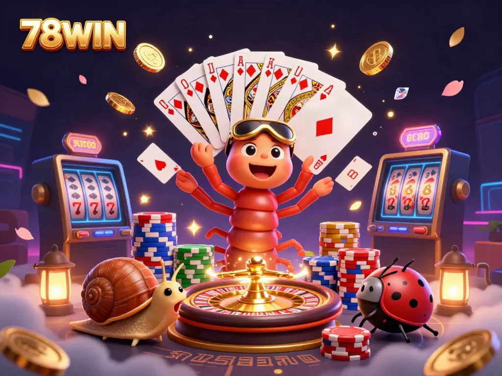 Experience the thrill of 78WIN with a vibrant 3D illustration of an animated casino scene full of excitement and action.