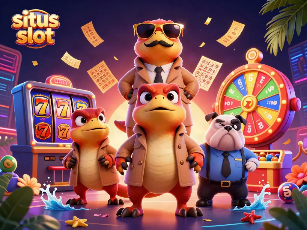 Play exciting situs slot games with three raptors sneaking into a casino, vibrant and entertaining.