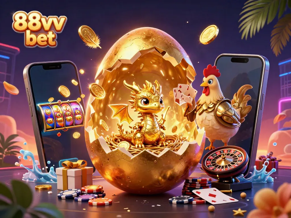 Engage with the 88vv bet scene featuring a golden baby dragon and charismatic casino elements.
