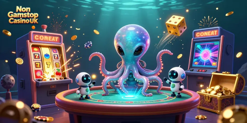 Experience the thrill of Non Gamstop Casino UK with an exciting alien poker scene and vibrant game elements.