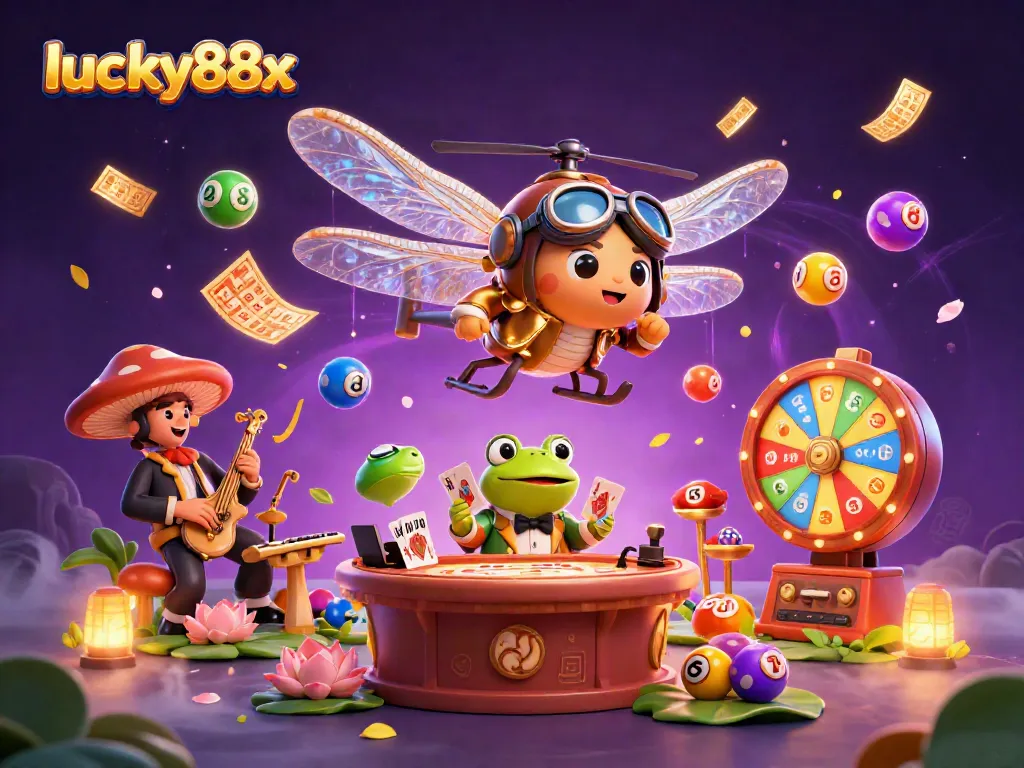 Engage with lucky88x in a vibrant 3D casino scene featuring dynamic lottery balls and a lively croupier.