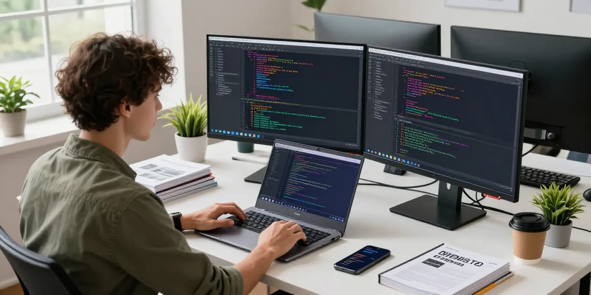 WhatsApp下載 on a developer's dual-monitor setup showcasing coding environment in a modern workspace.