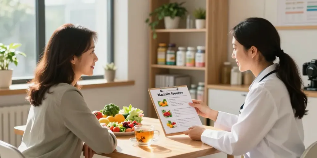 Consultation with a Menopause Nutritionist Surrey in a welcoming clinic setting, discussing holistic health strategies.