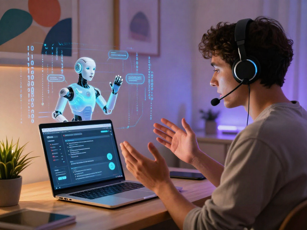 Engaging in nsfw ai chat with holographic AI, cozy digital communication scene.