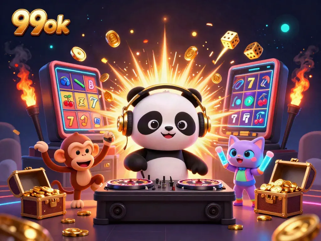 Experience winning spins at 99ok with lively characters and casino-themed elements bursting from every side.