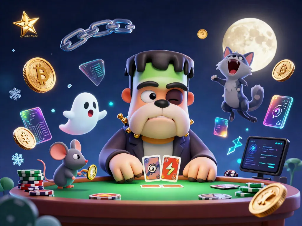 Engage with ty le keo nha cai in a vibrant scene featuring a Frankenstein bulldog dealing cards amidst neon crypto elements.