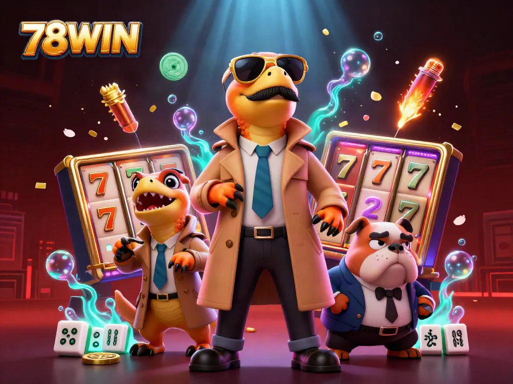 Experience thrilling gaming adventures with 78WIN in a vibrant casino scene featuring playful raptors.