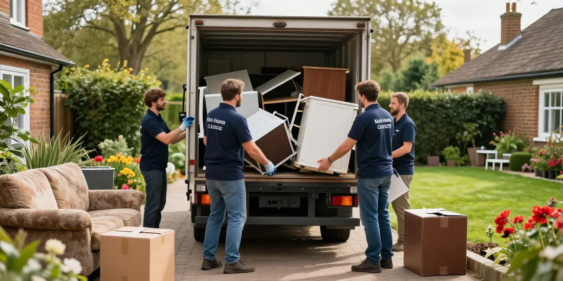 House clearance London service team efficiently removing furniture and waste from a tidy garden.
