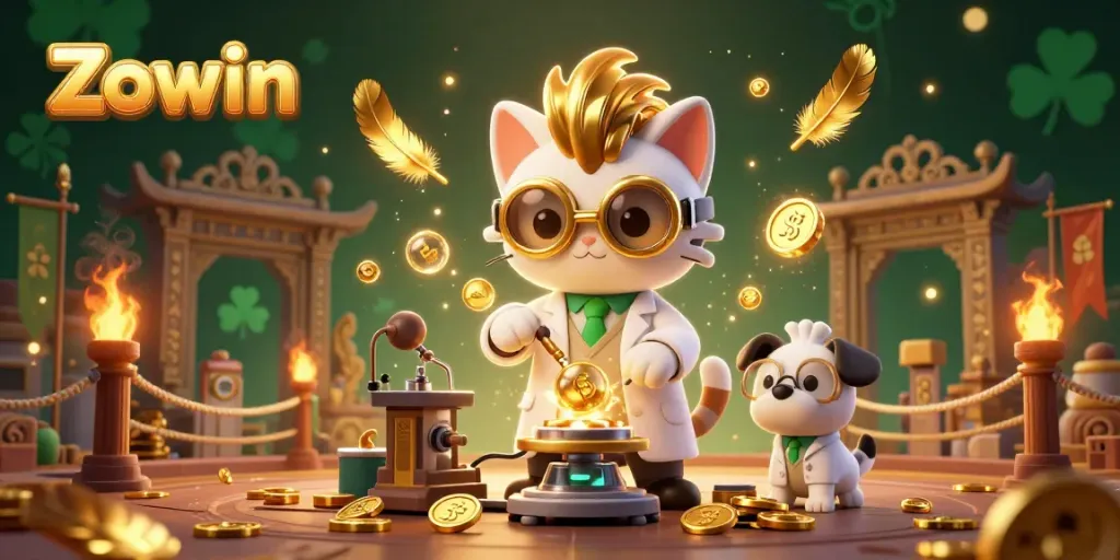 Zowin's energetic gaming scene with a mad scientist cat and assistant dog creating coins amidst an electric casino atmosphere.