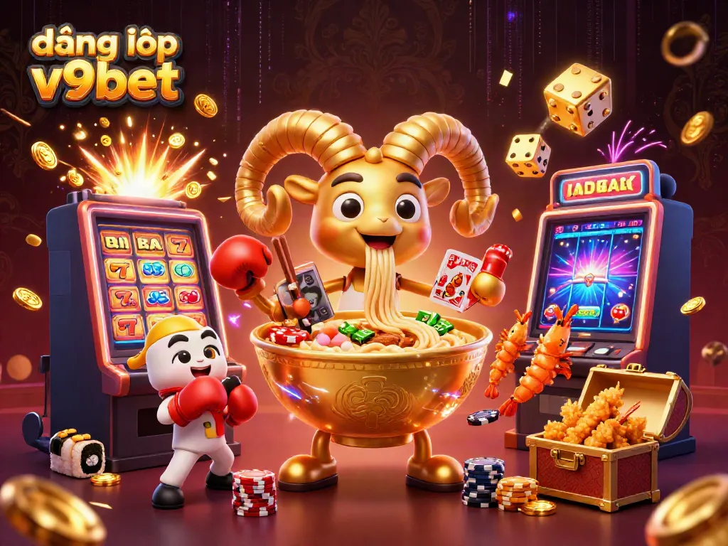 Experience exciting gaming action with a giant ramen bowl dealer in a vibrant casino setting, focusing on đăng nhập v9bet.