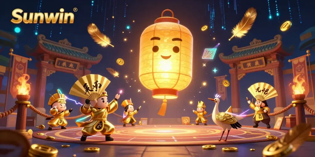 Experience thrilling gaming with Sunwin in a captivating Asian-themed casino illustration.