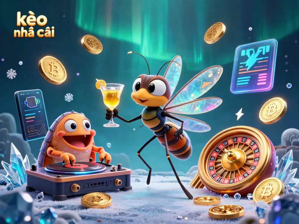 Engage in kèo nhà cái with a vibrant scene of a cartoon mosquito mascot, trilobite DJ, and glowing crypto coins.