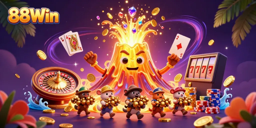 Experience the thrill of 88Win with a golden volcano erupting coins and treasures in an action-packed casino scene.