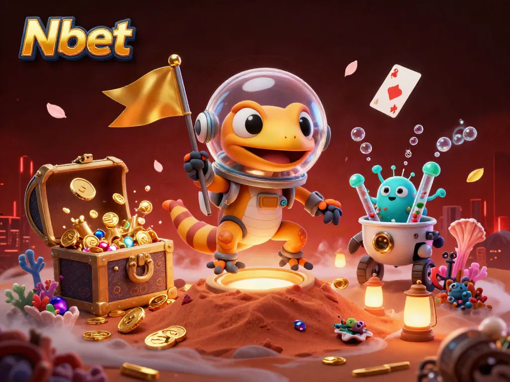 Nbet celebrates luck at a golden casino, where a Martian gecko and robot rover discover treasures amidst vibrant alien scenery.