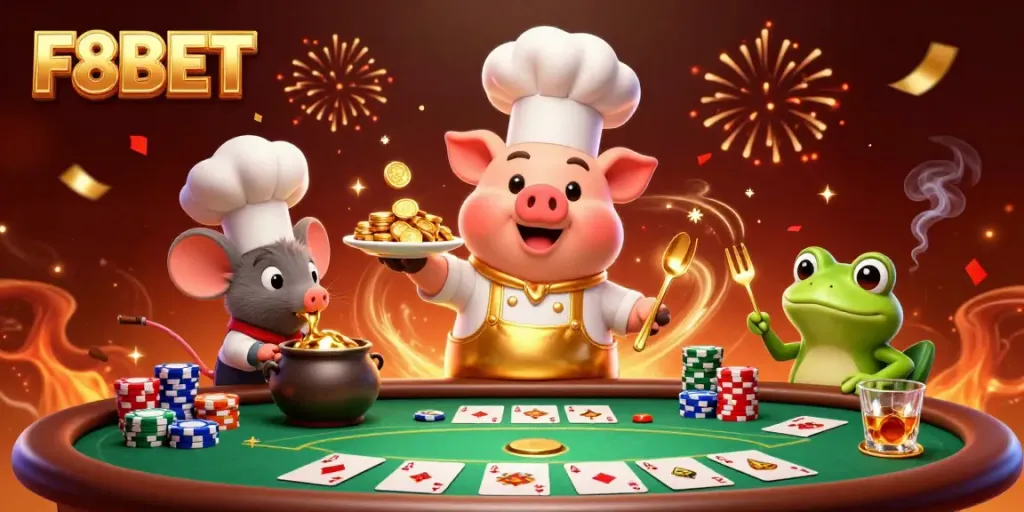 Join F8BET's exciting casino experience with vibrant characters in a packed scene of excitement.